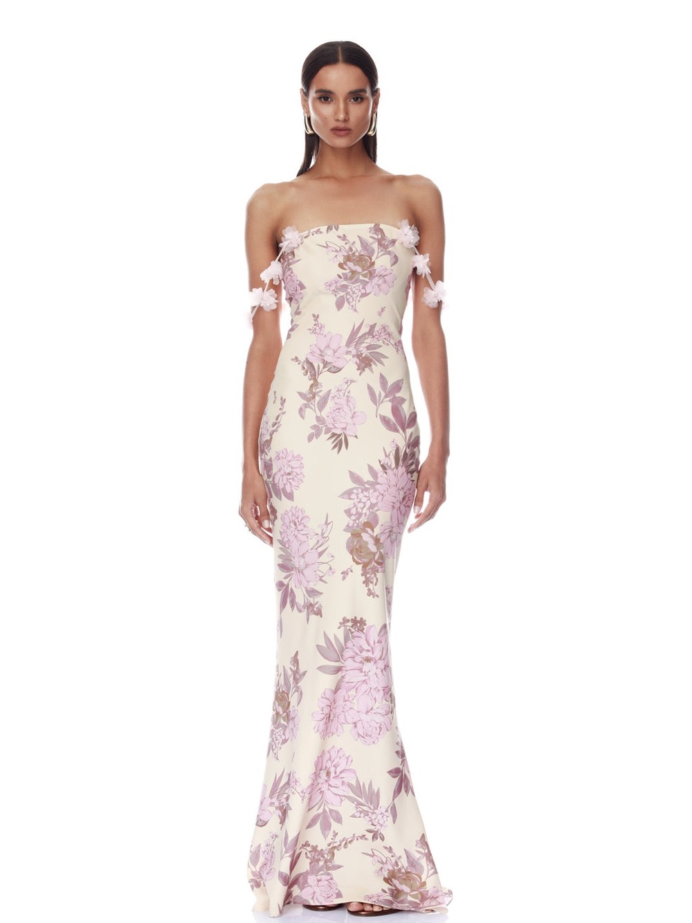 NWOT BRONX BANCO Magnolia Rosie Off-Shoulder Floral Column Gown, wedding guest